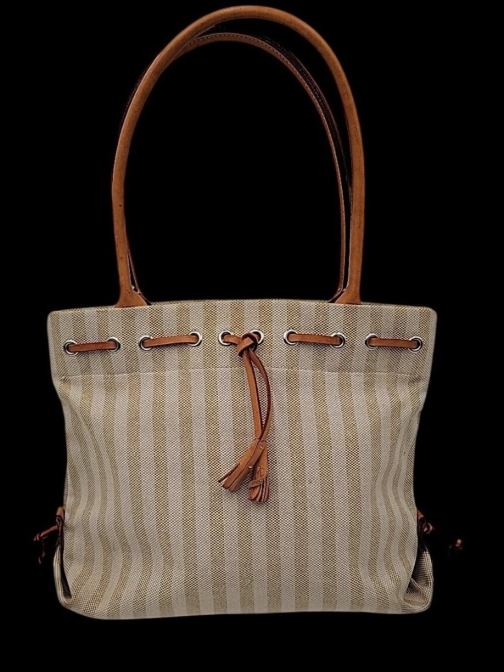 Vintage Dooney And Bourke Striped Tassel Tote Bag Leather Trip Beige & Creme